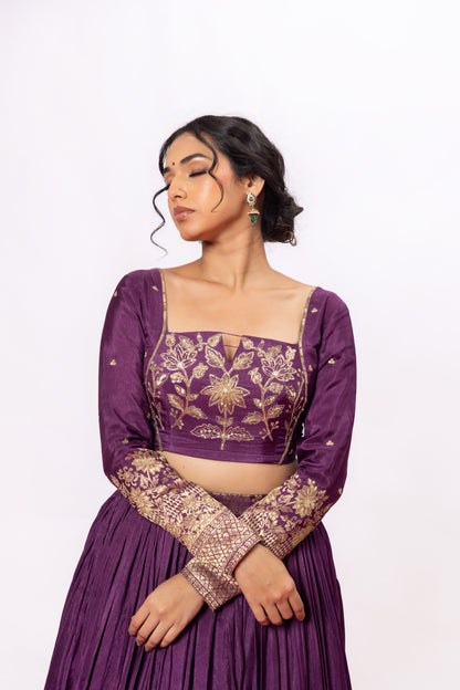 Sitarah Grape Purple Banarasi Panel Lehenga Set with Organza Dupatta