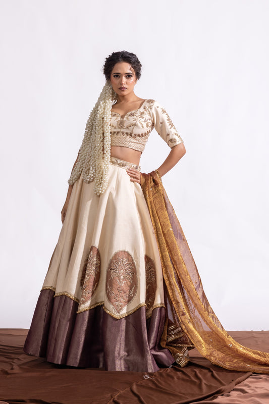 Sitarah Ivory & Bronze Raw Silk Kalidar Lehenga Set — Hand Zardozi Appliqué with Banarasi Tissue Dupatta