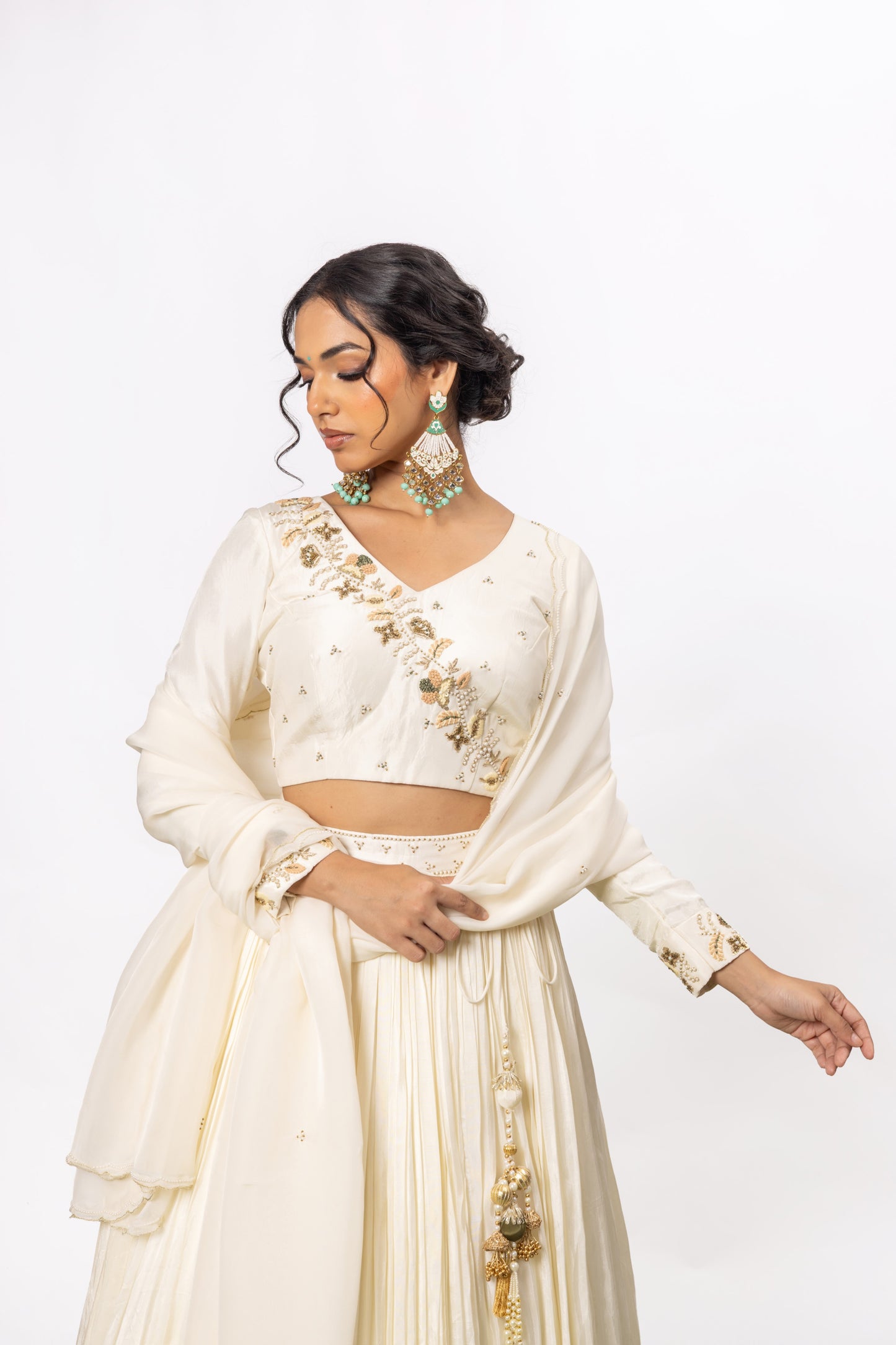 Sitarah Off-White Pleated Lehenga Set — Pearl, Bead & Tikki Handwork with Scalloped Organza Dupatta