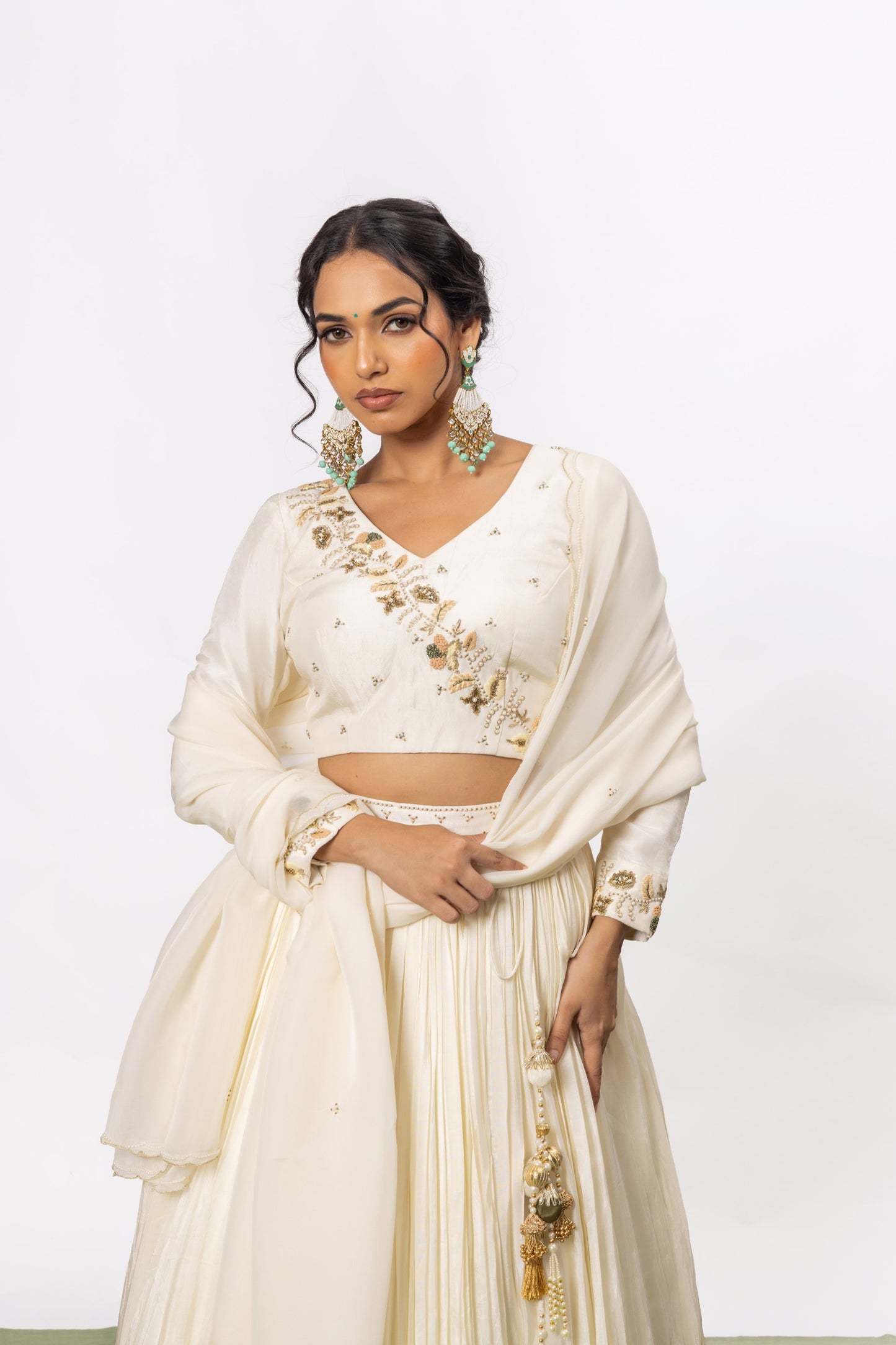 Sitarah Off-White Pleated Lehenga Set — Pearl, Bead & Tikki Handwork with Scalloped Organza Dupatta