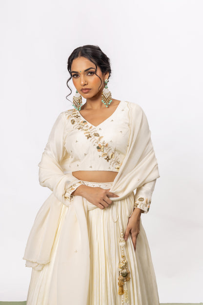 Sitarah Off-White Pleated Lehenga Set — Pearl, Bead & Tikki Handwork with Scalloped Organza Dupatta