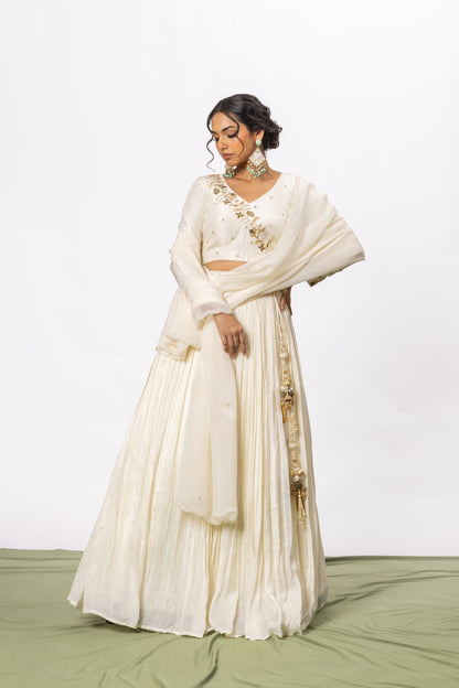 Sitarah Off-White Pleated Lehenga Set — Pearl, Bead & Tikki Handwork with Scalloped Organza Dupatta