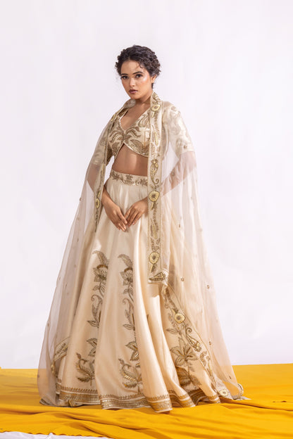 Sitarah Ivory Bemberg Raw Silk Kalidar Lehenga Set — Heavy Zardozi Pitta with Organza Silk Dupatta