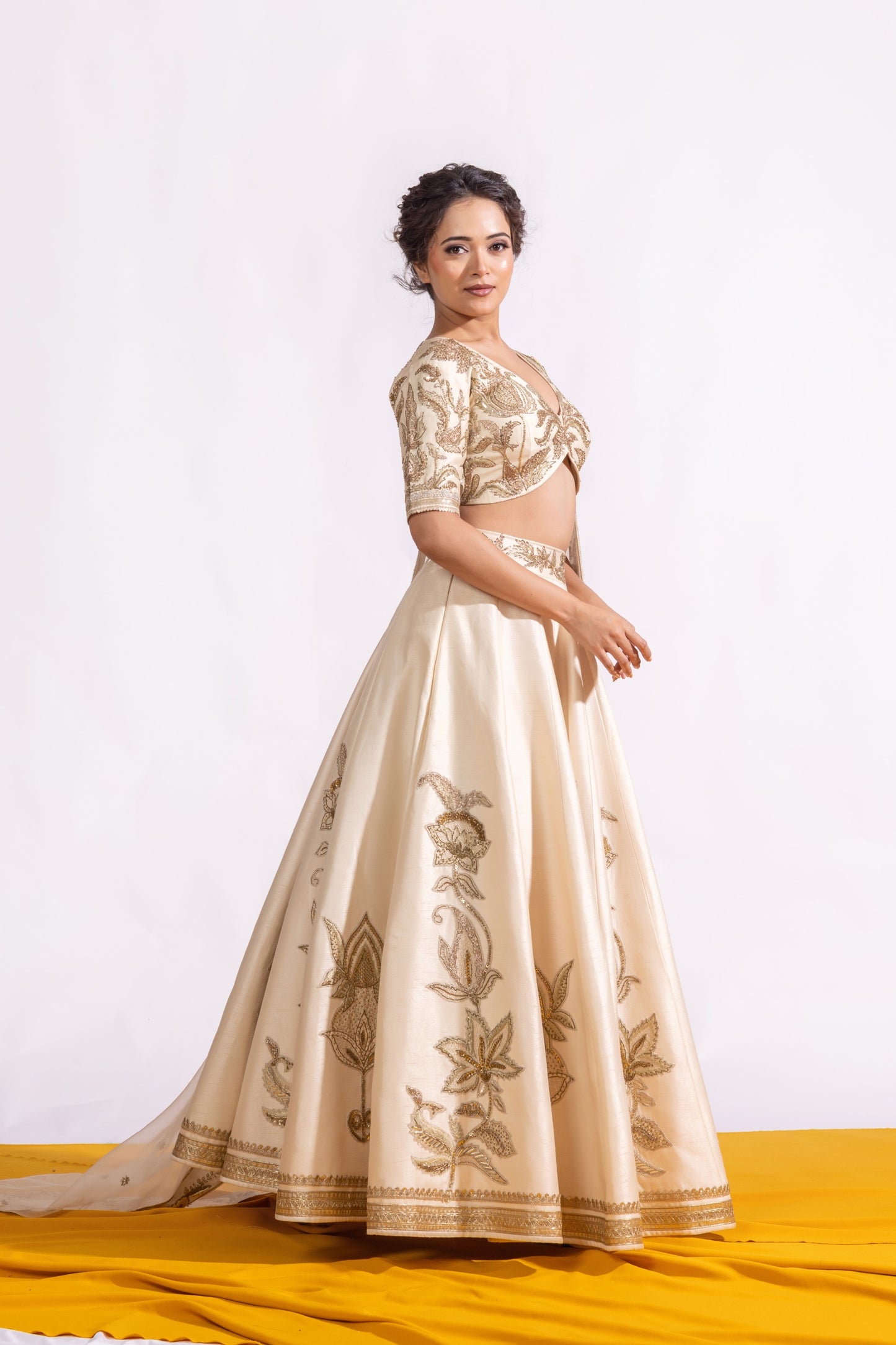 Sitarah Ivory Bemberg Raw Silk Kalidar Lehenga Set — Heavy Zardozi Pitta with Organza Silk Dupatta