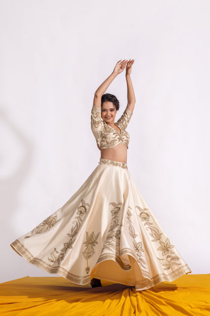 Sitarah Ivory Bemberg Raw Silk Kalidar Lehenga Set — Heavy Zardozi Pitta with Organza Silk Dupatta