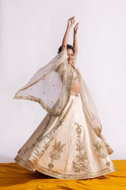 Sitarah Ivory Bemberg Raw Silk Kalidar Lehenga Set — Heavy Zardozi Pitta with Organza Silk Dupatta