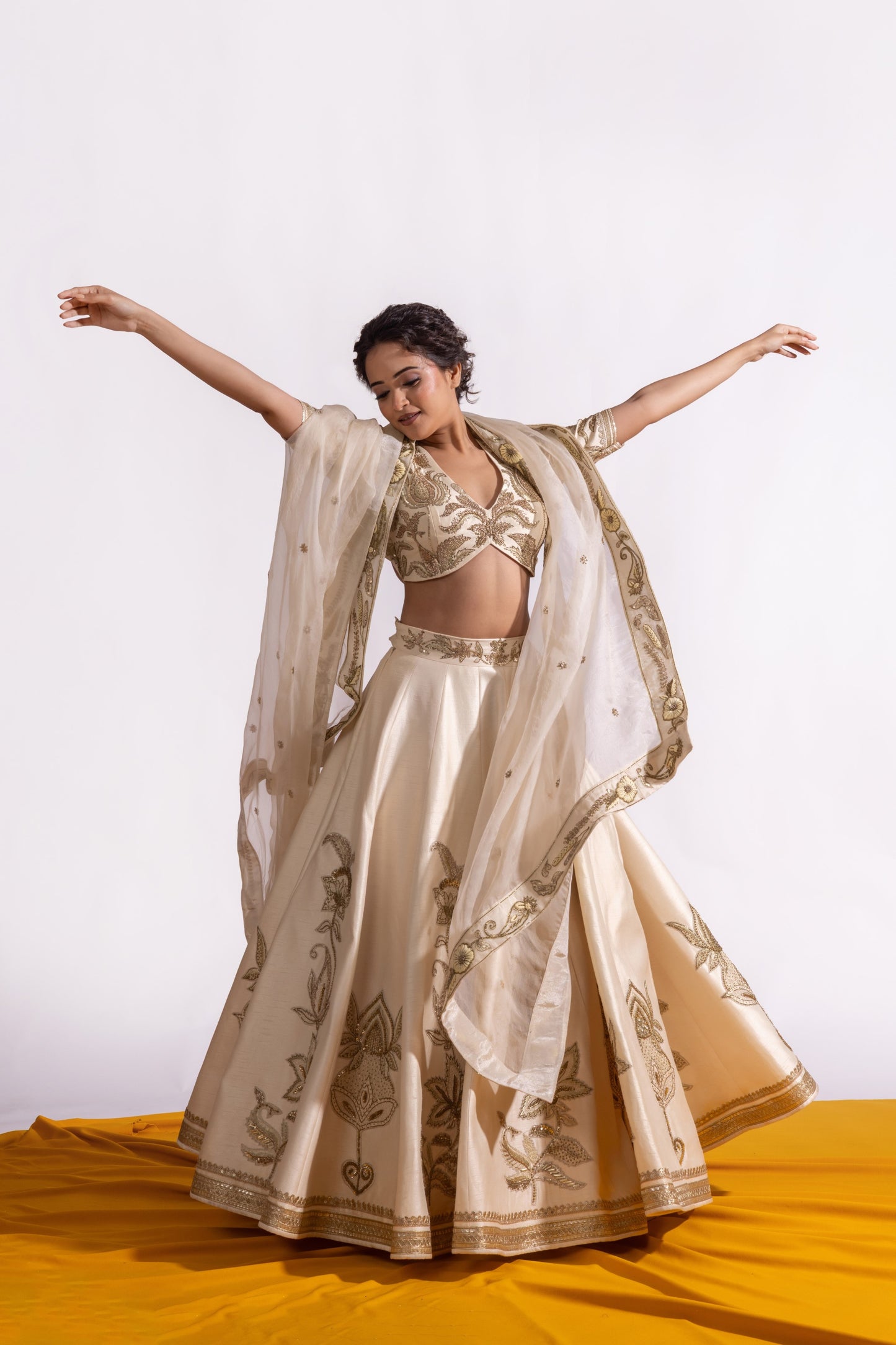 Sitarah Ivory Bemberg Raw Silk Kalidar Lehenga Set — Heavy Zardozi Pitta with Organza Silk Dupatta