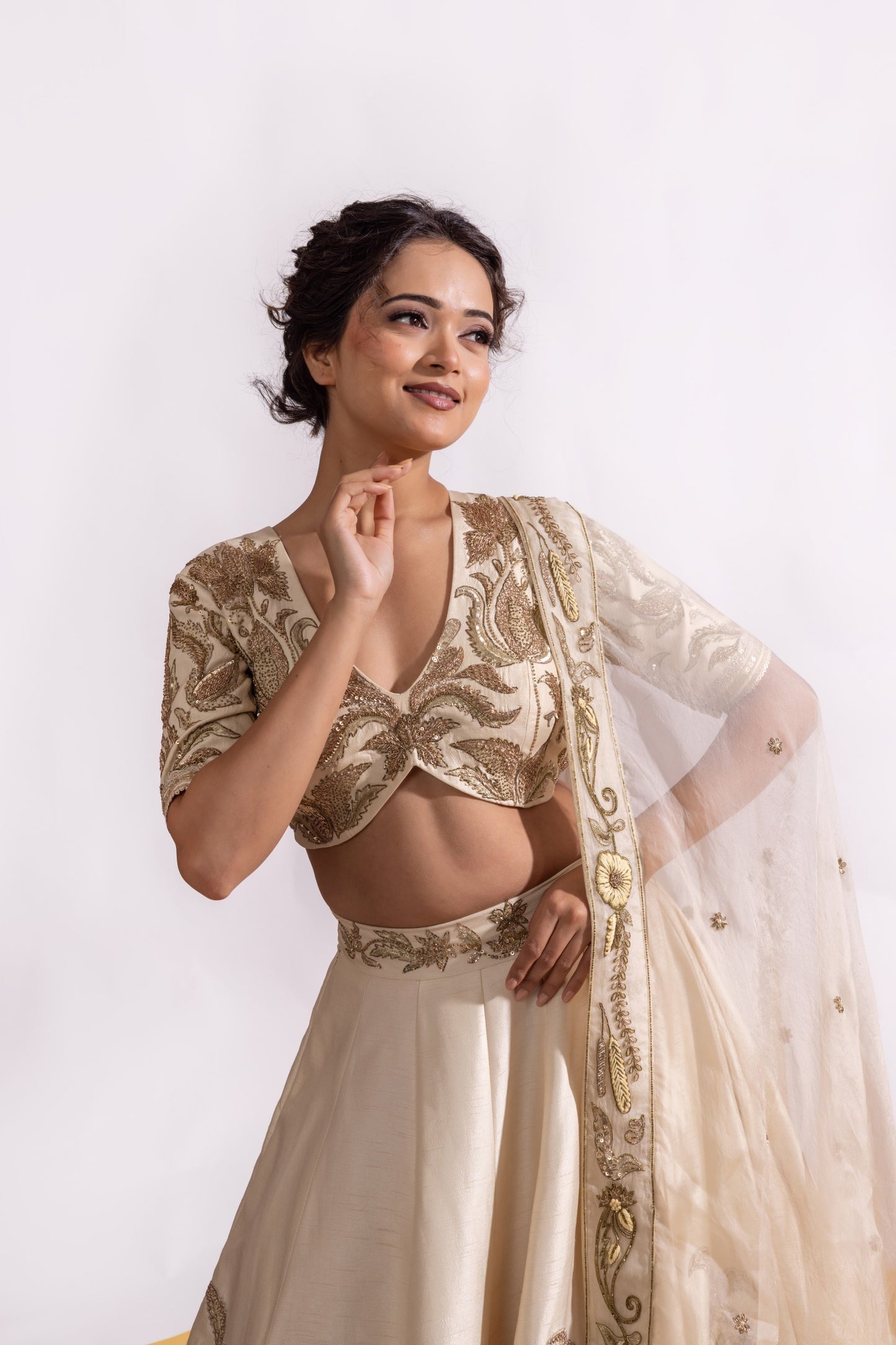 Sitarah Ivory Bemberg Raw Silk Kalidar Lehenga Set — Heavy Zardozi Pitta with Organza Silk Dupatta