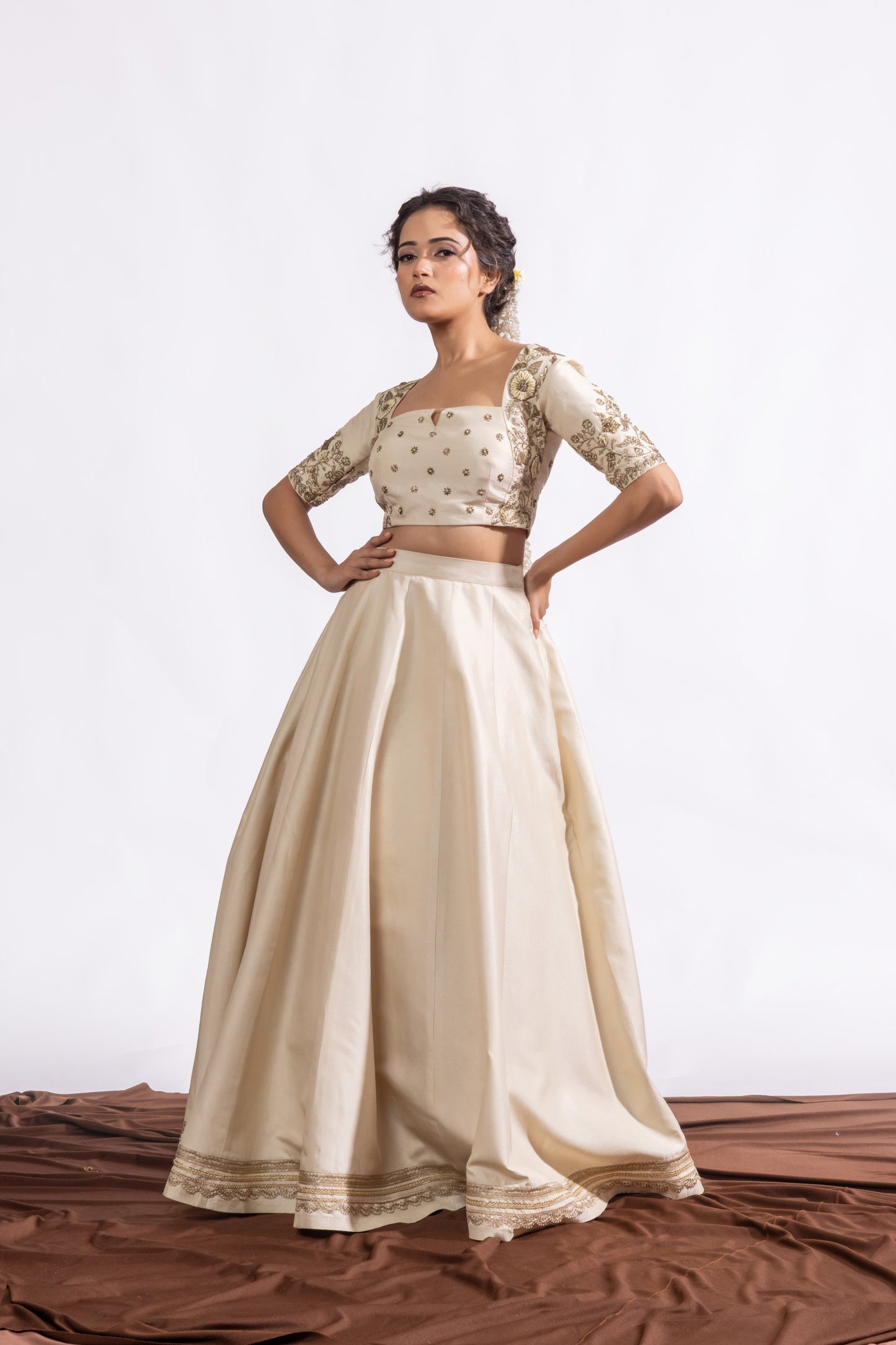 Sitarah Ivory Silk Lehenga Set — Heavy Zardozi Pitta Blouse with Lotus Buti Organza Dupatta