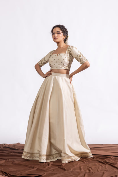 Sitarah Ivory Silk Lehenga Set — Heavy Zardozi Pitta Blouse with Lotus Buti Organza Dupatta