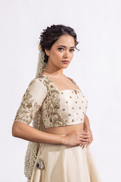 Sitarah Ivory Silk Lehenga Set — Heavy Zardozi Pitta Blouse with Lotus Buti Organza Dupatta