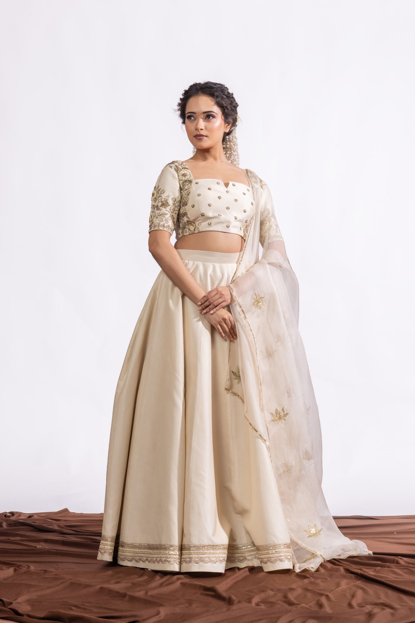 Sitarah Ivory Silk Lehenga Set — Heavy Zardozi Pitta Blouse with Lotus Buti Organza Dupatta