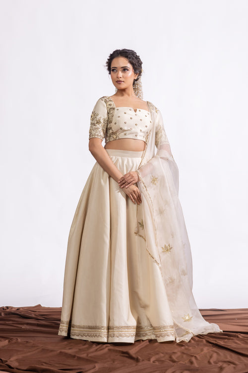 Sitarah Ivory Silk Lehenga Set — Heavy Zardozi Pitta Blouse with Lotus Buti Organza Dupatta