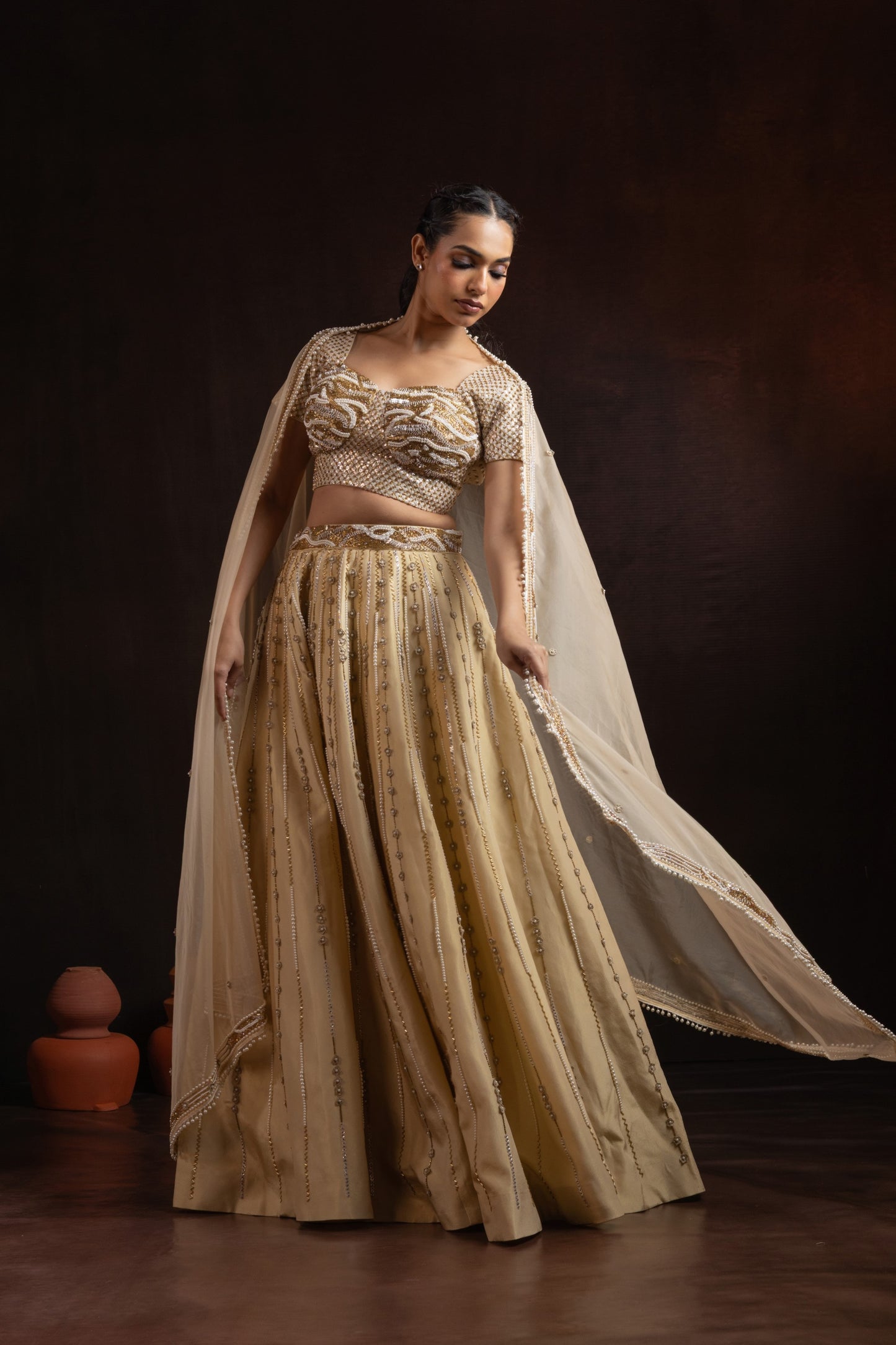 Champagne Gold Tissue Lehenga Set — Heavy Pearl & Cutdana Handwork with Corset Blouse