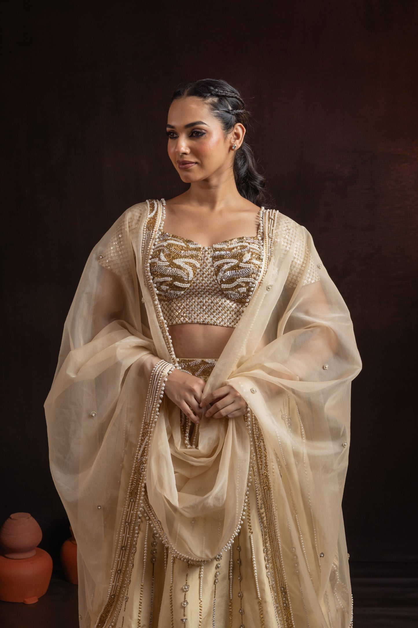 Champagne Gold Tissue Lehenga Set — Heavy Pearl & Cutdana Handwork with Corset Blouse