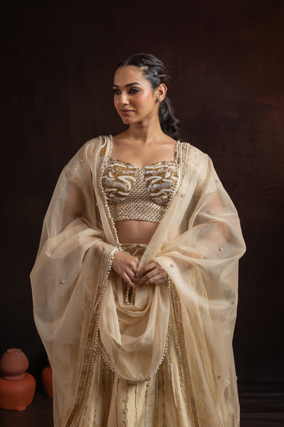 Champagne Gold Tissue Lehenga Set — Heavy Pearl & Cutdana Handwork with Corset Blouse