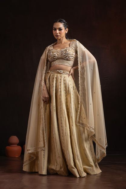 Champagne Gold Tissue Lehenga Set — Heavy Pearl & Cutdana Handwork with Corset Blouse