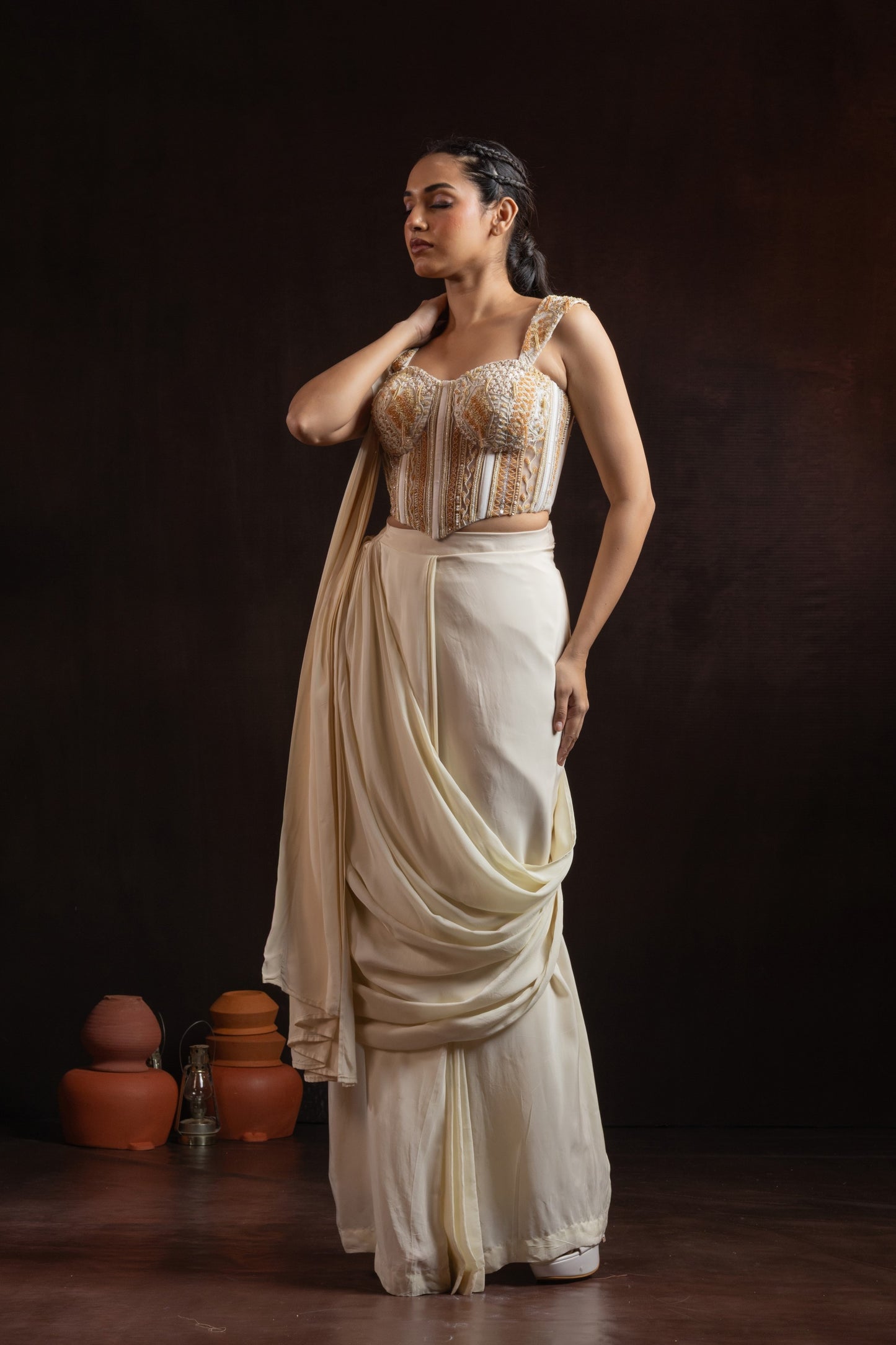 Ivory Crepe Draped Skirt Set with Hand-Embroidered Corset — Bead & Pearl Work