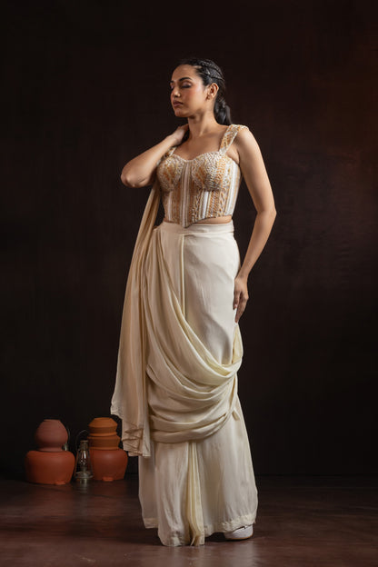 Ivory Crepe Draped Skirt Set with Hand-Embroidered Corset — Bead & Pearl Work