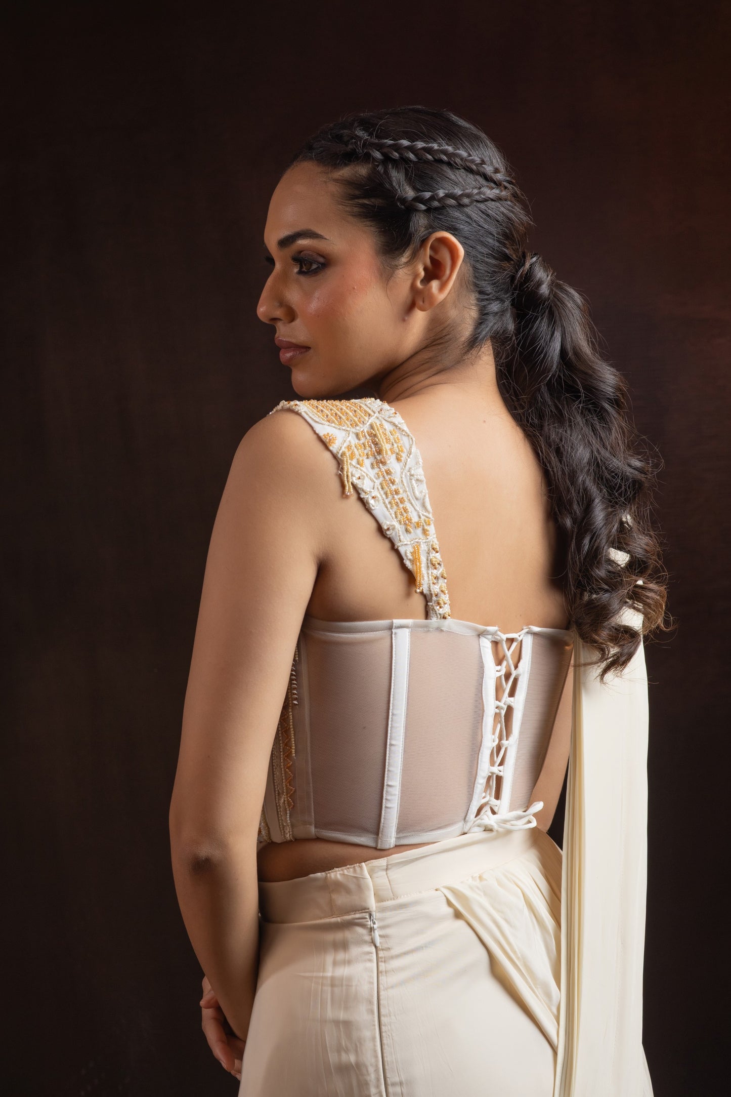Ivory Crepe Draped Skirt Set with Hand-Embroidered Corset — Bead & Pearl Work
