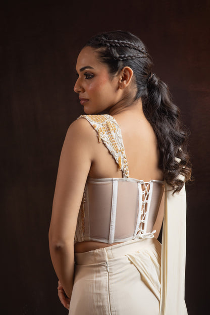 Ivory Crepe Draped Skirt Set with Hand-Embroidered Corset — Bead & Pearl Work