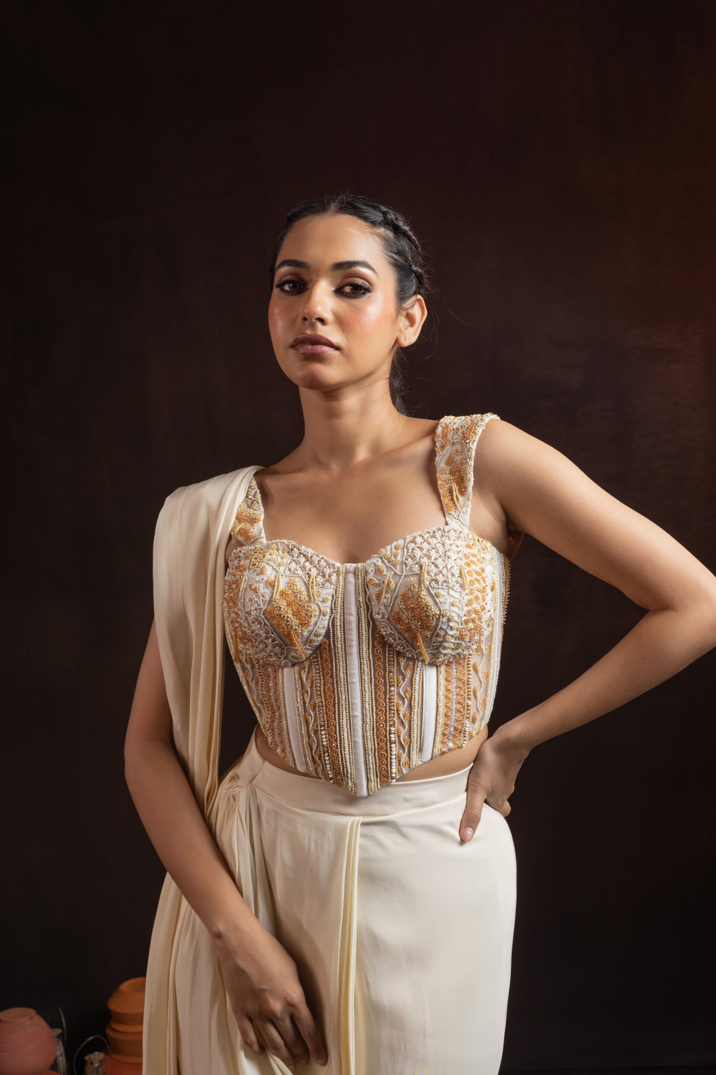 Ivory Crepe Draped Skirt Set with Hand-Embroidered Corset — Bead & Pearl Work