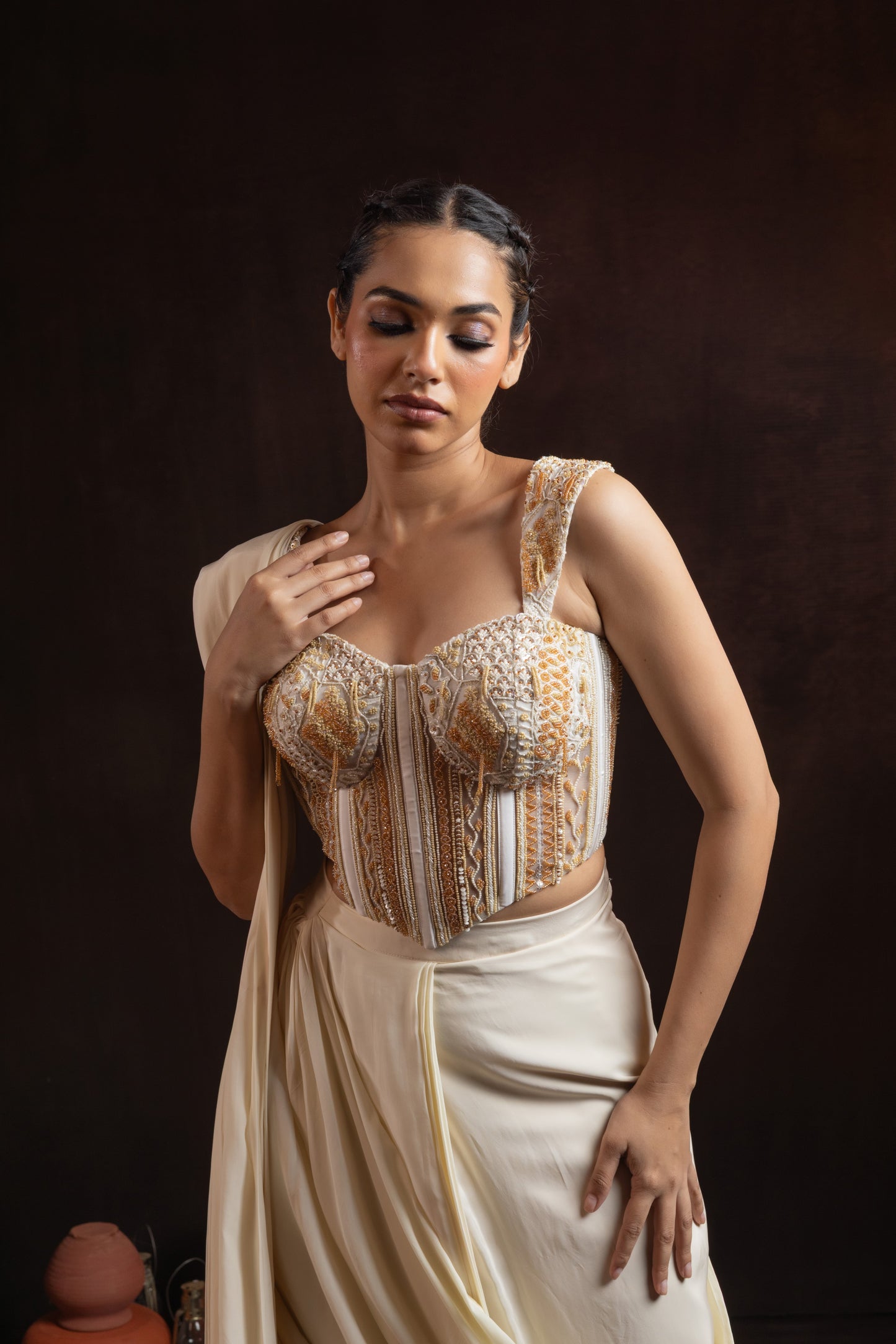 Ivory Crepe Draped Skirt Set with Hand-Embroidered Corset — Bead & Pearl Work