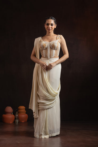 Ivory Crepe Draped Skirt Set with Hand-Embroidered Corset — Bead & Pearl Work