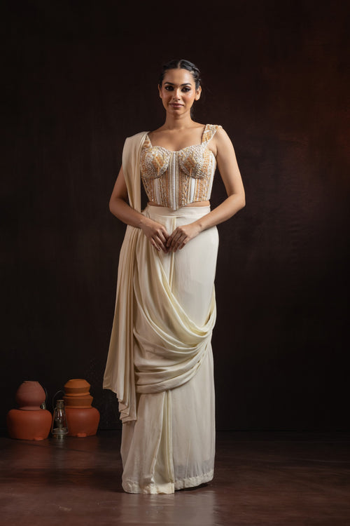 Ivory Crepe Draped Skirt Set with Hand-Embroidered Corset — Bead & Pearl Work