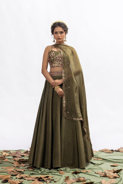 Sitarah Olive Green Silk Lehenga Set — Zardozi Pitta Corset-Back Blouse with Organza Dupatta