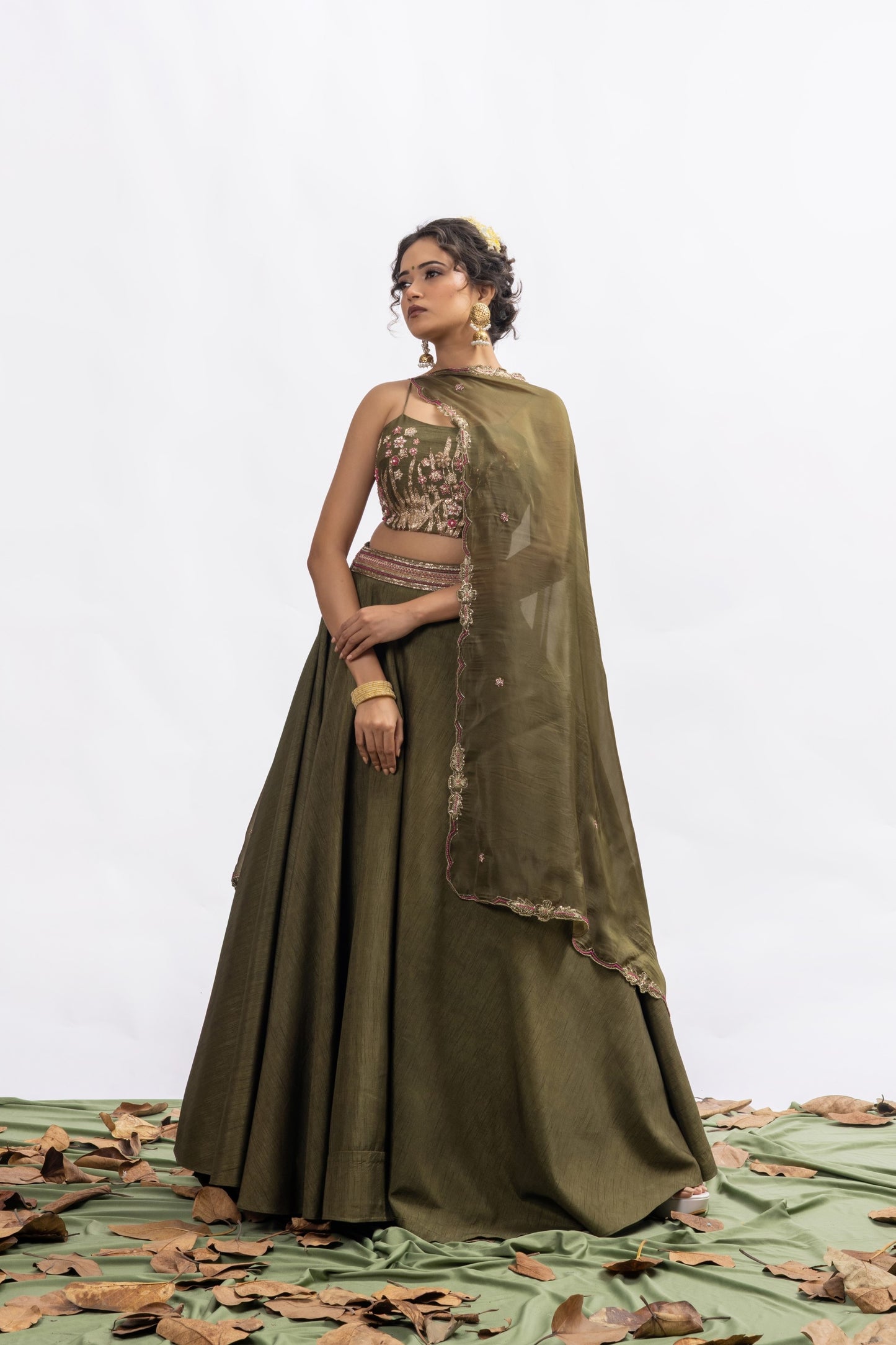 Sitarah Olive Green Silk Lehenga Set — Zardozi Pitta Corset-Back Blouse with Organza Dupatta