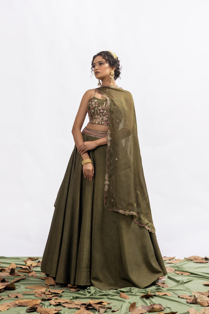Sitarah Olive Green Silk Lehenga Set — Zardozi Pitta Corset-Back Blouse with Organza Dupatta