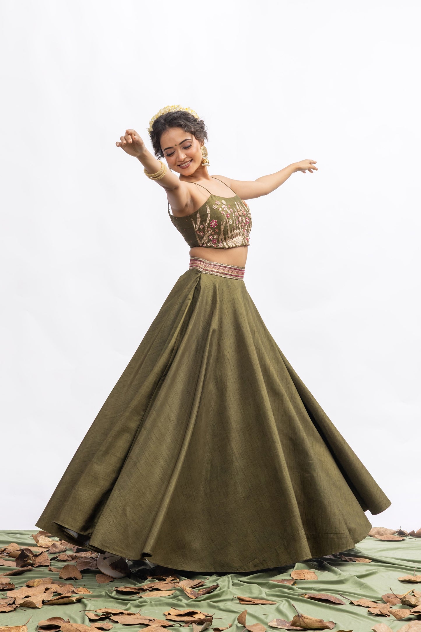 Sitarah Olive Green Silk Lehenga Set — Zardozi Pitta Corset-Back Blouse with Organza Dupatta