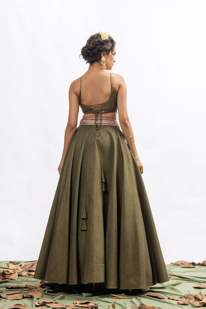 Sitarah Olive Green Silk Lehenga Set — Zardozi Pitta Corset-Back Blouse with Organza Dupatta