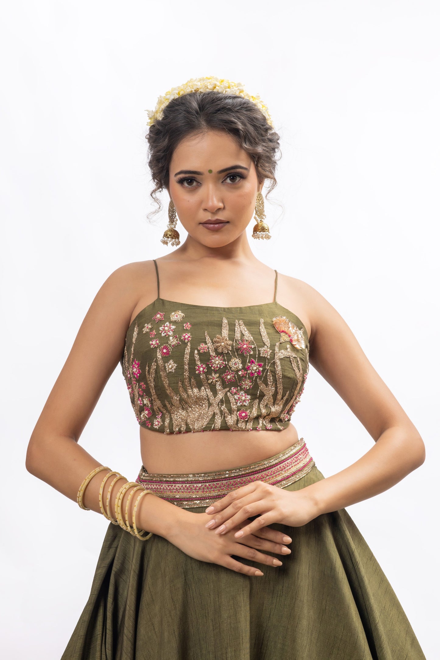 Sitarah Olive Green Silk Lehenga Set — Zardozi Pitta Corset-Back Blouse with Organza Dupatta
