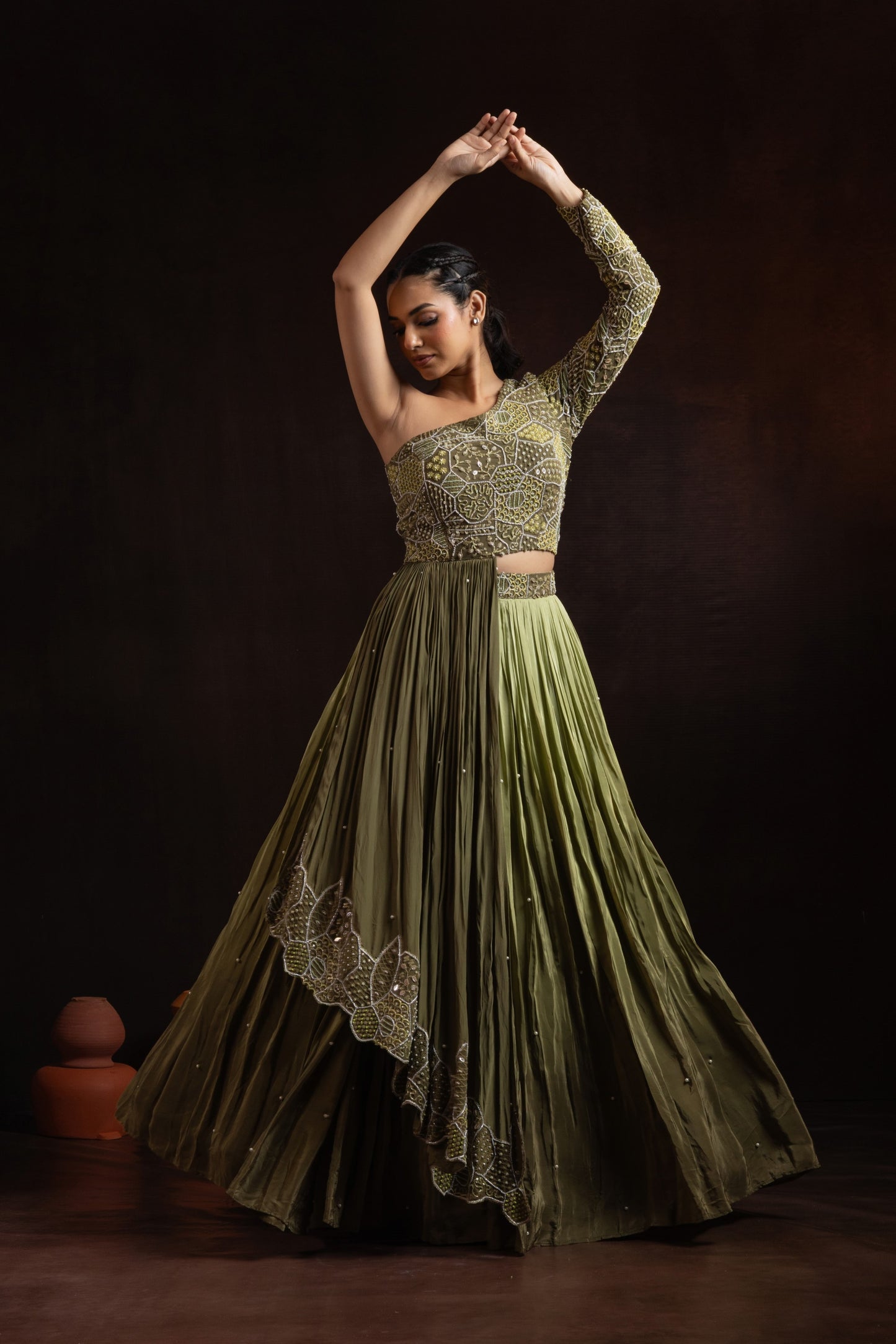 Shaded Green Crepe Pleated Skirt Set — One-Shoulder Blouse with Attached Dupatta