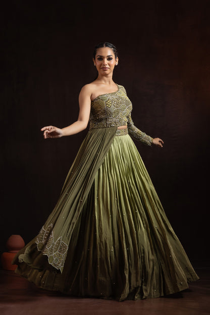 Shaded Green Crepe Pleated Skirt Set — One-Shoulder Blouse with Attached Dupatta