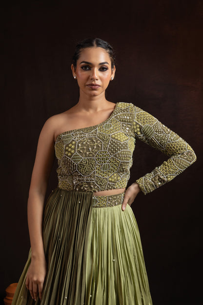 Shaded Green Crepe Pleated Skirt Set — One-Shoulder Blouse with Attached Dupatta