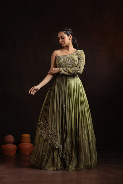 Shaded Green Crepe Pleated Skirt Set — One-Shoulder Blouse with Attached Dupatta