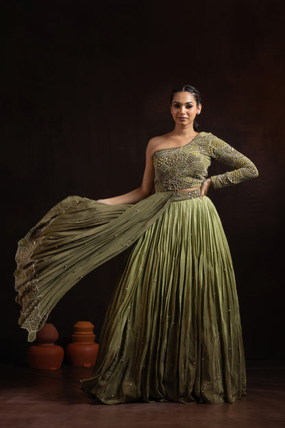 Shaded Green Crepe Pleated Skirt Set — One-Shoulder Blouse with Attached Dupatta