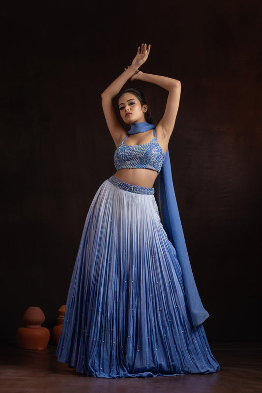 Shaded Blue Pleated Lehenga Set — Hand-Embroidered Bralette Blouse with Organza Dupatta
