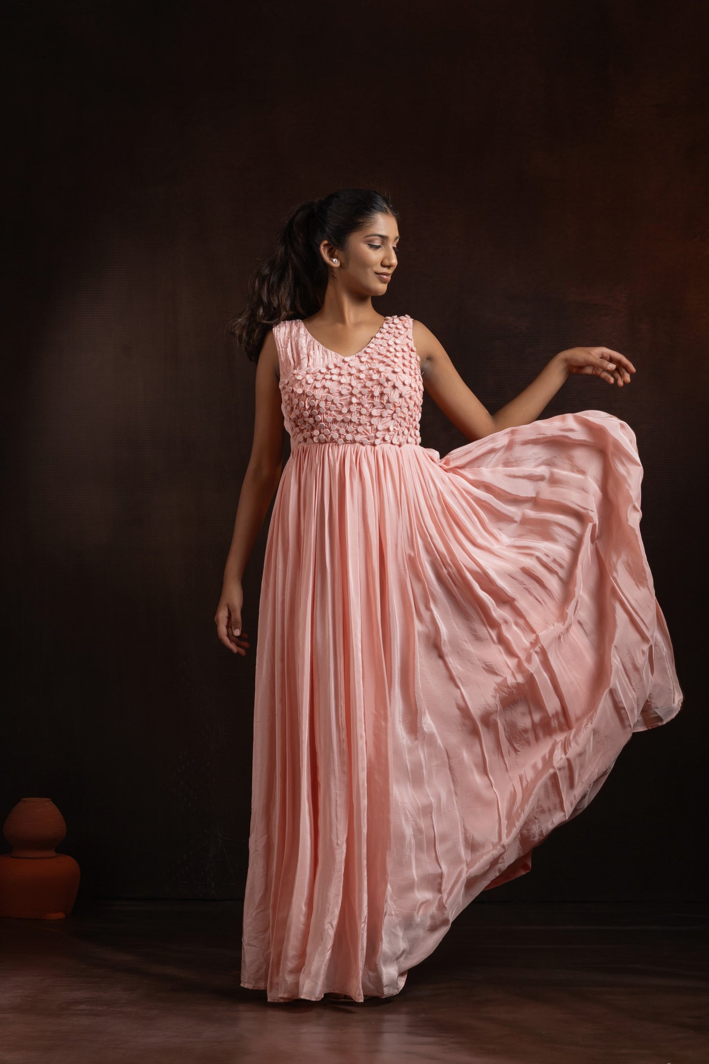 Blush Pink Crepe Pleated Gown — Hand Fabric Manipulation Bodice