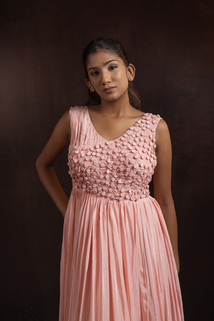 Blush Pink Crepe Pleated Gown — Hand Fabric Manipulation Bodice