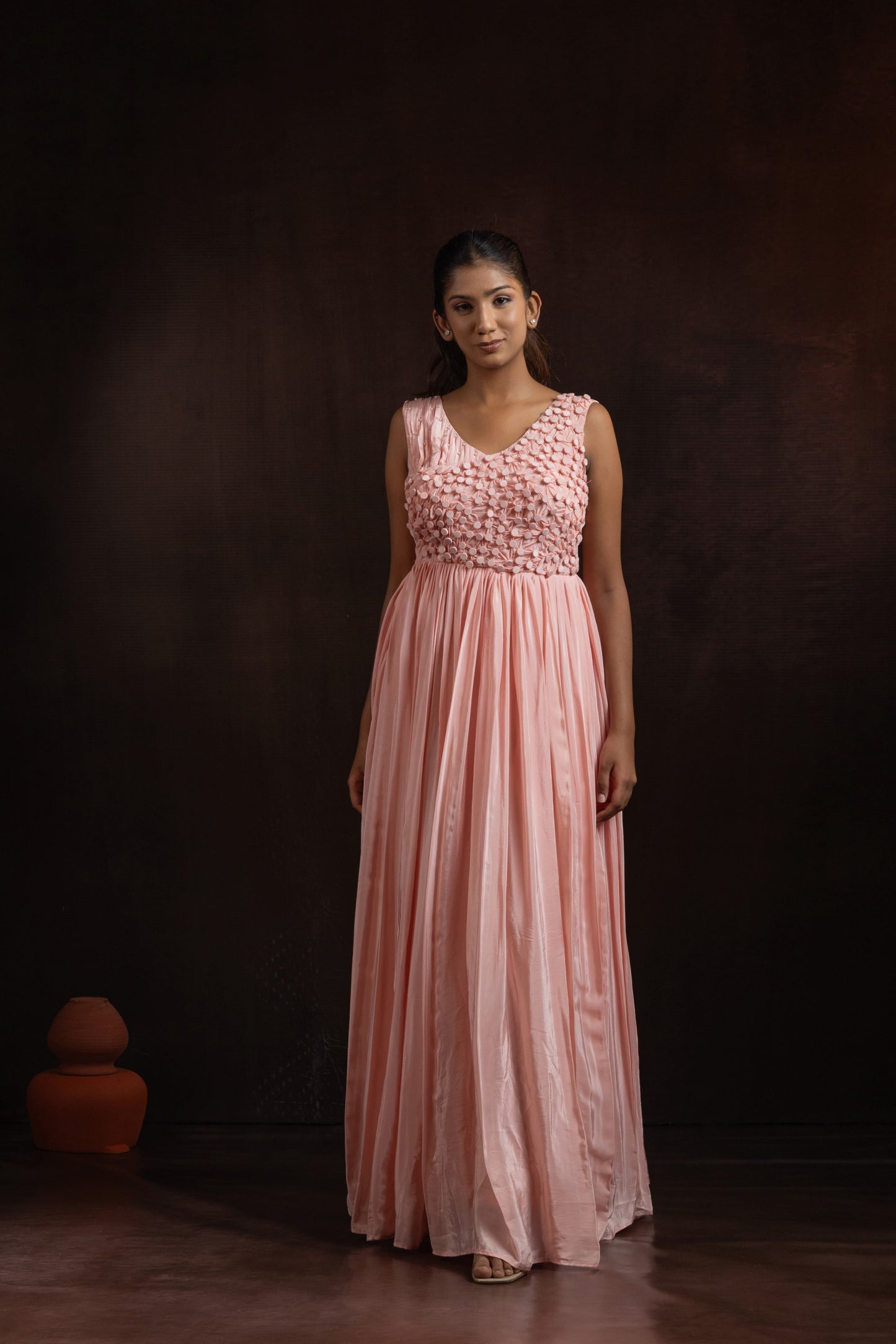 Blush Pink Crepe Pleated Gown — Hand Fabric Manipulation Bodice