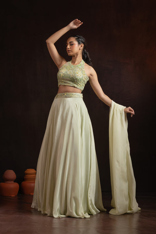 Pistachio Green Crepe Lehenga Set — Halter-Neck Blouse with Hand Beadwork