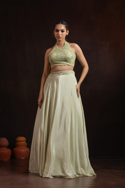 Pistachio Green Crepe Lehenga Set — Halter-Neck Blouse with Hand Beadwork