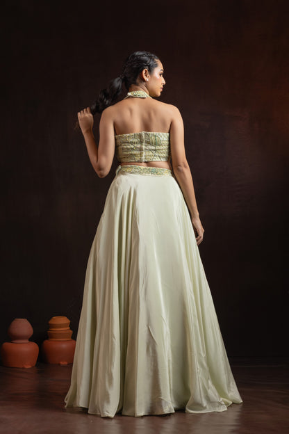Pistachio Green Crepe Lehenga Set — Halter-Neck Blouse with Hand Beadwork