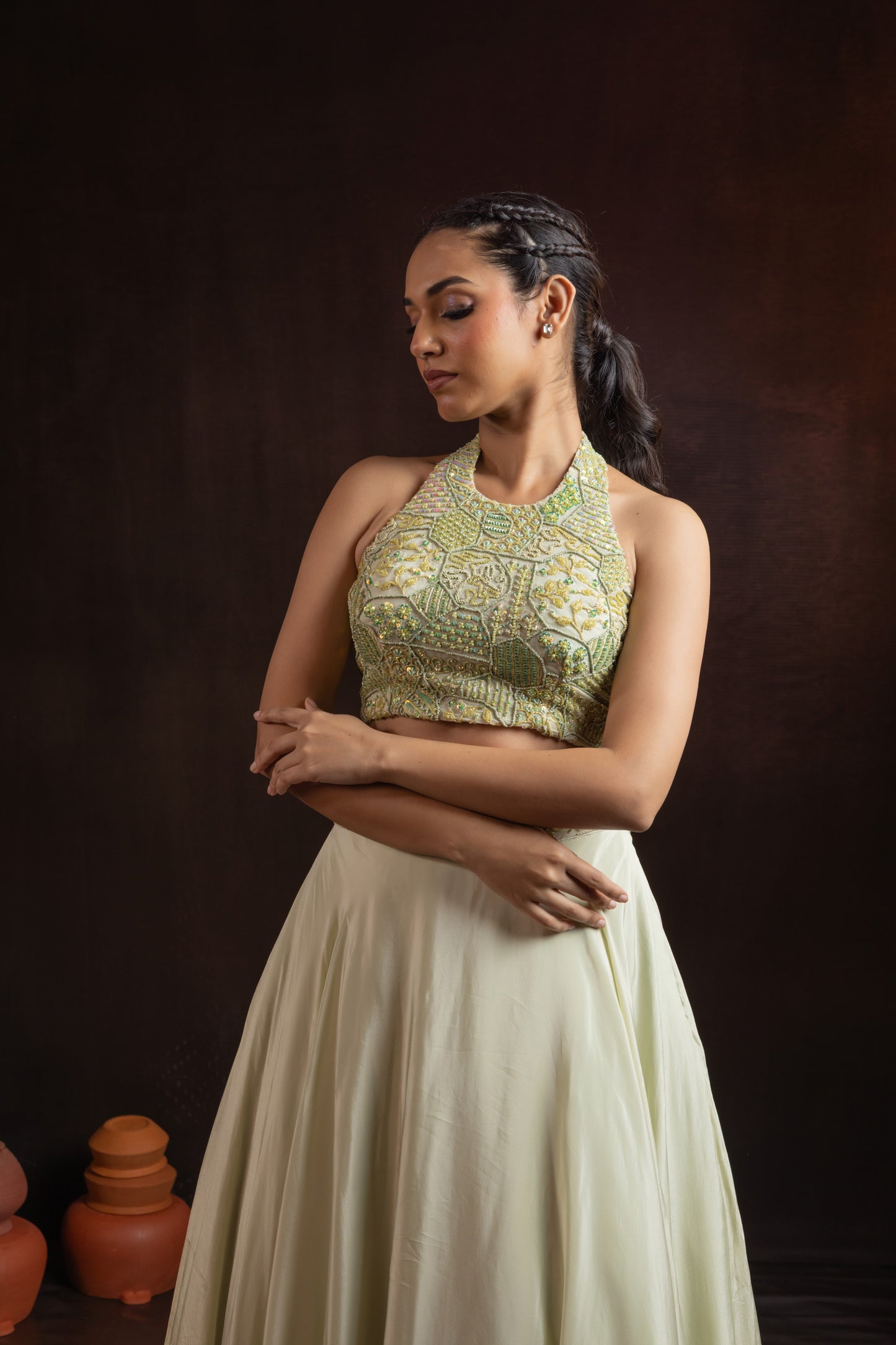 Pistachio Green Crepe Lehenga Set — Halter-Neck Blouse with Hand Beadwork