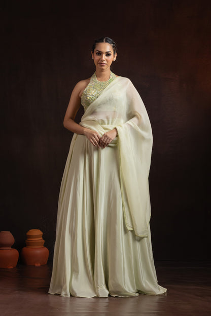 Pistachio Green Crepe Lehenga Set — Halter-Neck Blouse with Hand Beadwork