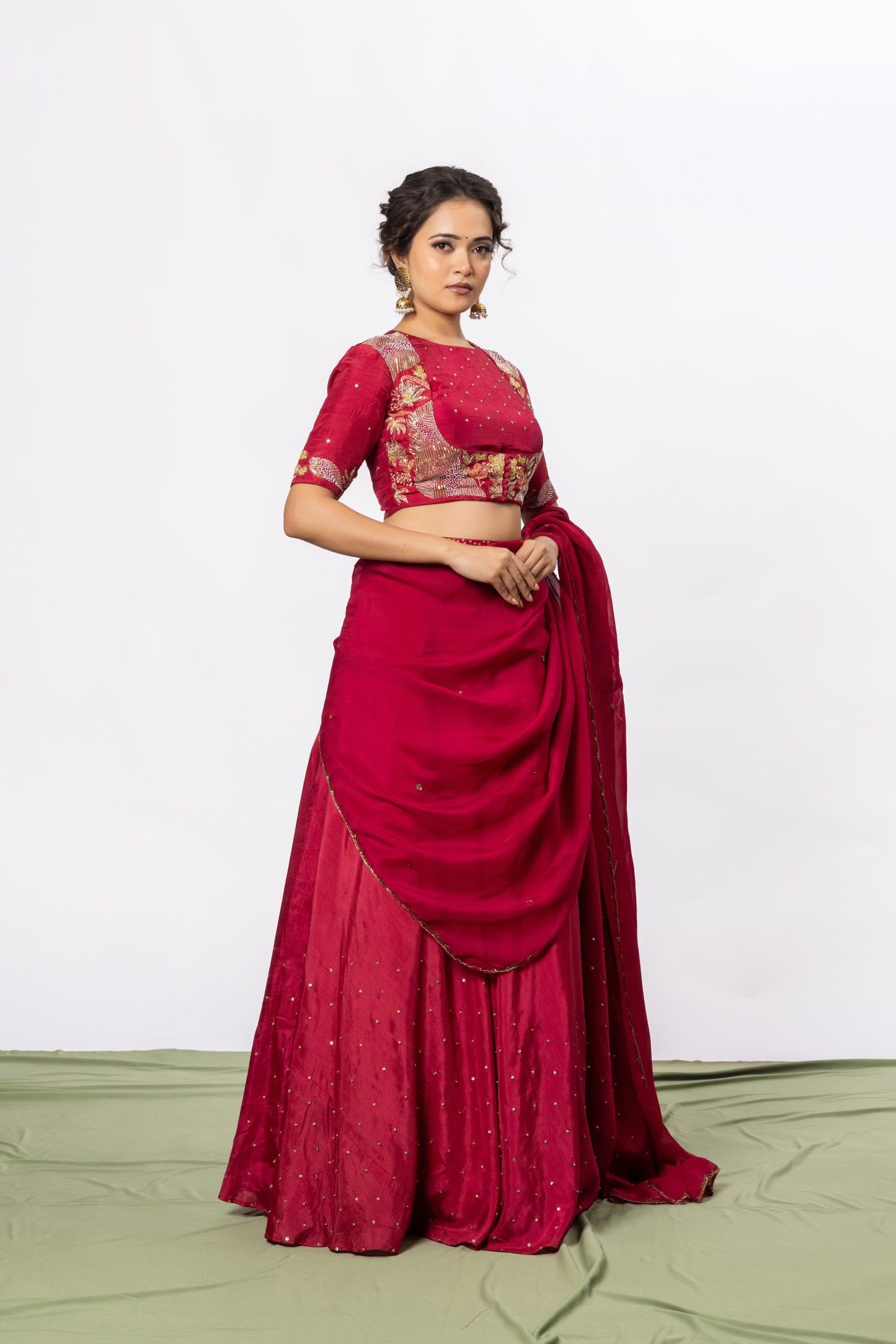 Sitarah Ruby Red Silk Draped Lehenga Set — Zardozi Pitta Panelled Blouse with Scalloped Organza Dupatta
